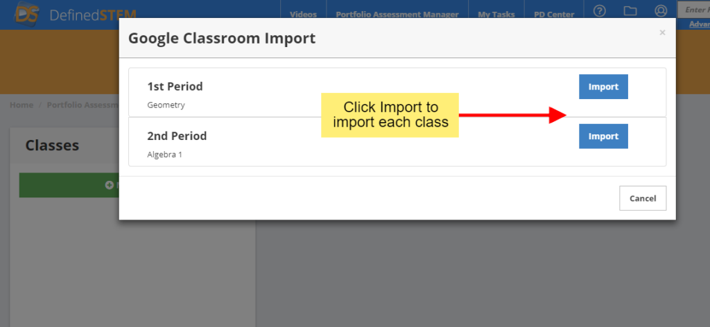 Google Import Classes Button
